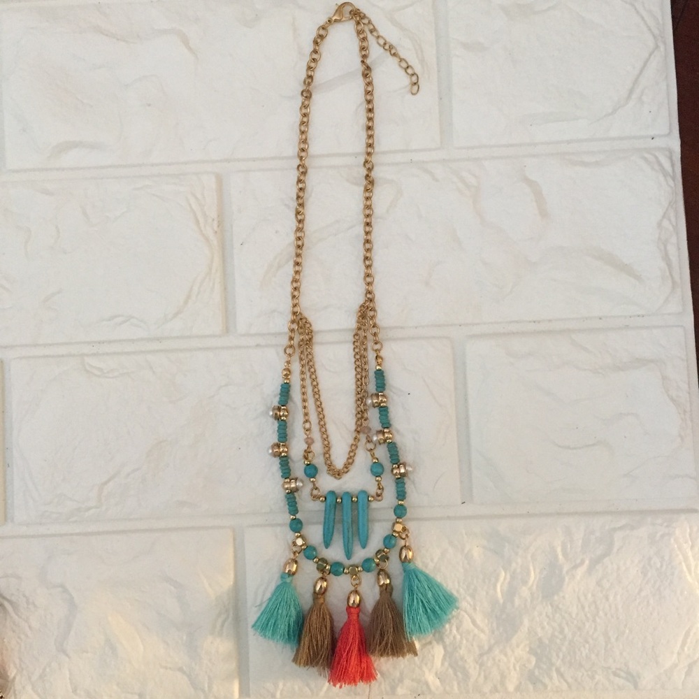 Turquoise & Gold Statement Tassel Necklace